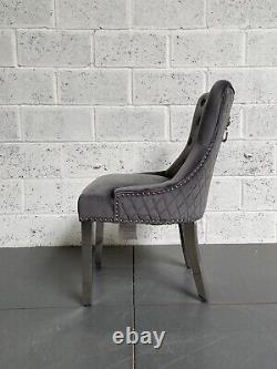 X4 Dark Grey Dianne Dining Chair Lion Knocker Polished Metal Legs Silver Studs