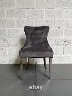 X4 Dark Grey Dianne Dining Chair Lion Knocker Polished Metal Legs Silver Studs
