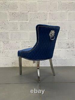 X4 Sofia Brushed Royal Blue Velvet Dining Chair Lion Knocker Polished Metal Legs